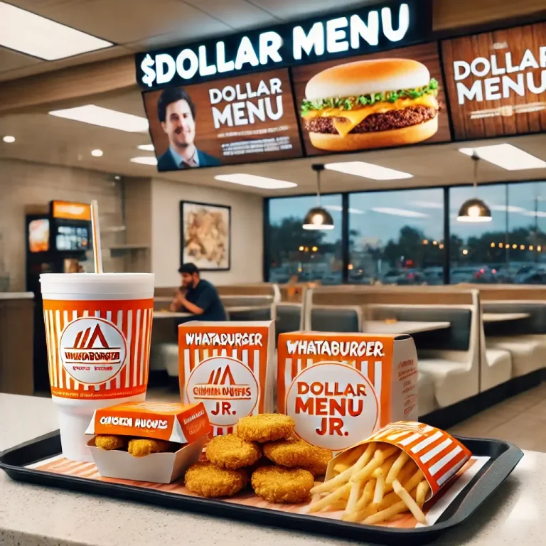 Whataburger Dollar Menu: Tasty Deals on a Budget (2025) 10 A well-lit Whataburger restaurant interior featuring a prominently displayed menu board highlighting the "Whataburger Dollar Menu" section. On the counter, a neatly arranged tray holds budget-friendly items, including a Whataburger Jr., crispy fries, chicken nuggets, and a soft drink, all in the signature orange-and-white packaging. The background showcases a warm fast-food ambiance with customers enjoying their meals, reinforcing the affordability and quality of the menu options.